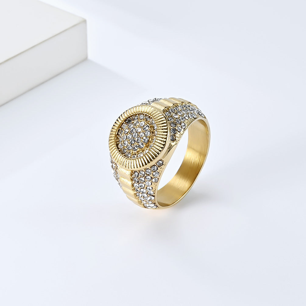 Hip-Hop Titanium Steel Ring Plated with 18K Gold for Men