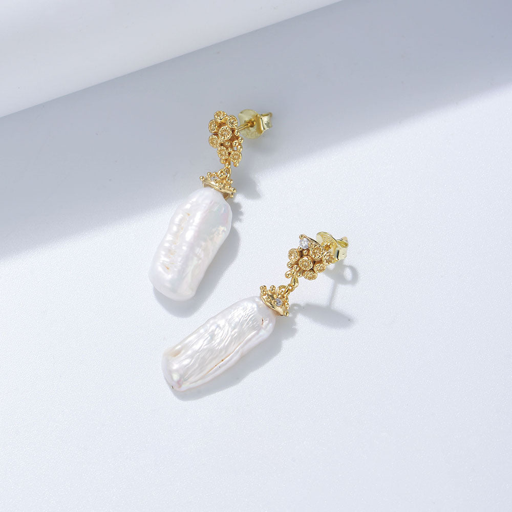 S925 Sterling Silver Natural Baroque Pearl Earrings Creative Irregular Freshwater Special-Shaped Beads Long