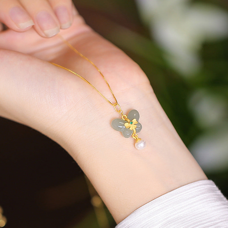 925 Sterling Silver Hetian Jade Peace Plaque Butterfly Pendant Necklace