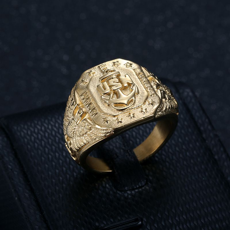 Hip Hop Ring For Men By Planderful Bold Gold Plated Titanium Steel USN Anchor Eagle Motif
