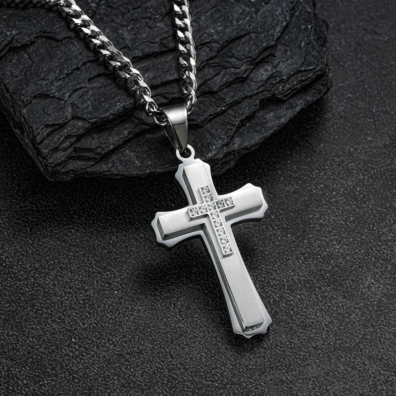 1. Planderful Cross Pendant Necklace in Titanium Steel with Three Layer Zircon for Unisex Elegant Gift