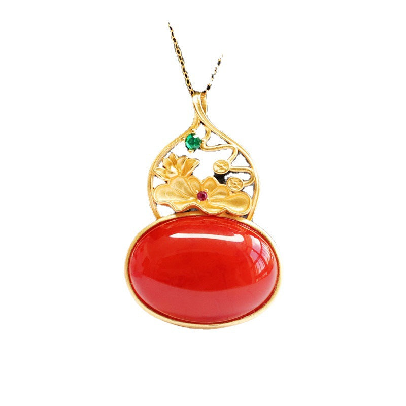 Agate Gourd & Lotus Silver Pendant — No Chain