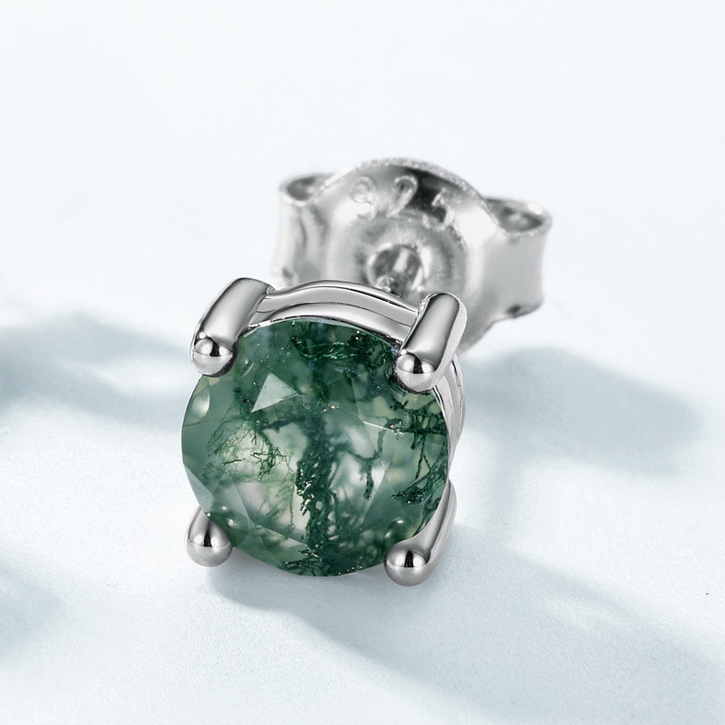 Planderful Jewelry Sterling Silver Moss Agate Stud Earrings Four Claw Round Green Gem for Everyday Elegance