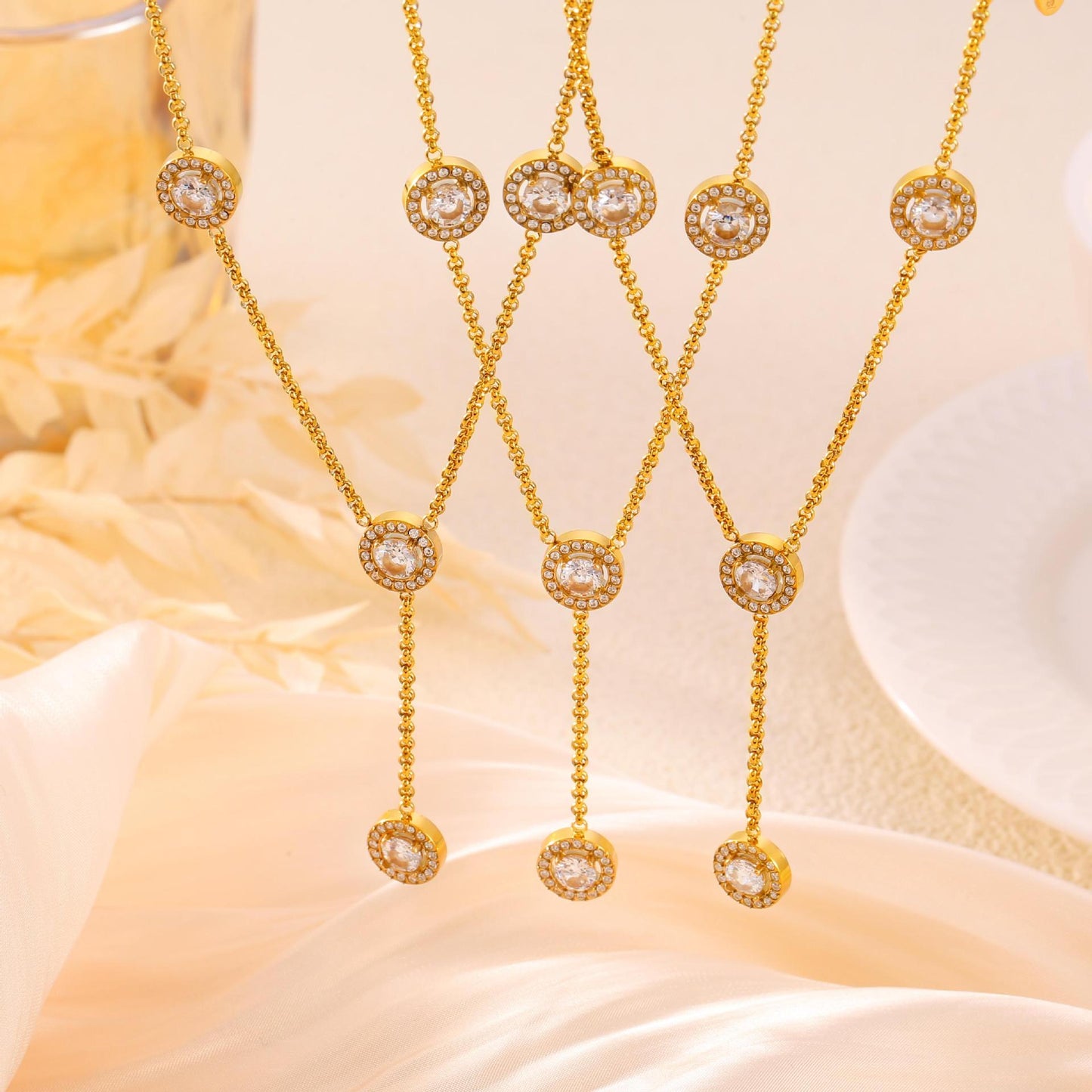 Stylish Titanium Steel Necklace with Hollowed Round Plaques and Zircon Inlay