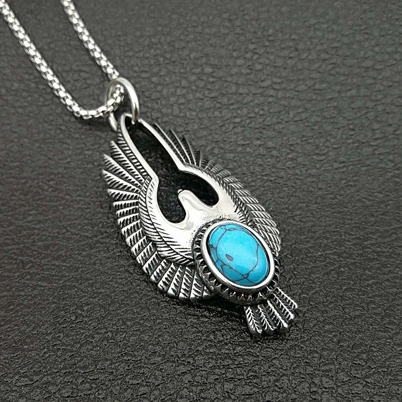 Planderful Polished Turquoise Eagle Titanium Steel Pendant Necklace Unisex Punk Retro Style