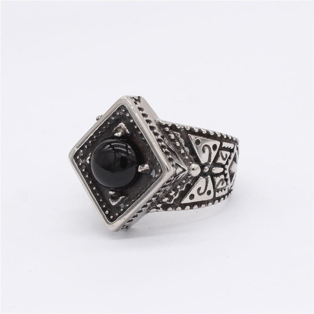 Planderful Titanium Steel Ring Black Stone Retro Rhombus Domineering Design Unisex Protection for Men Women