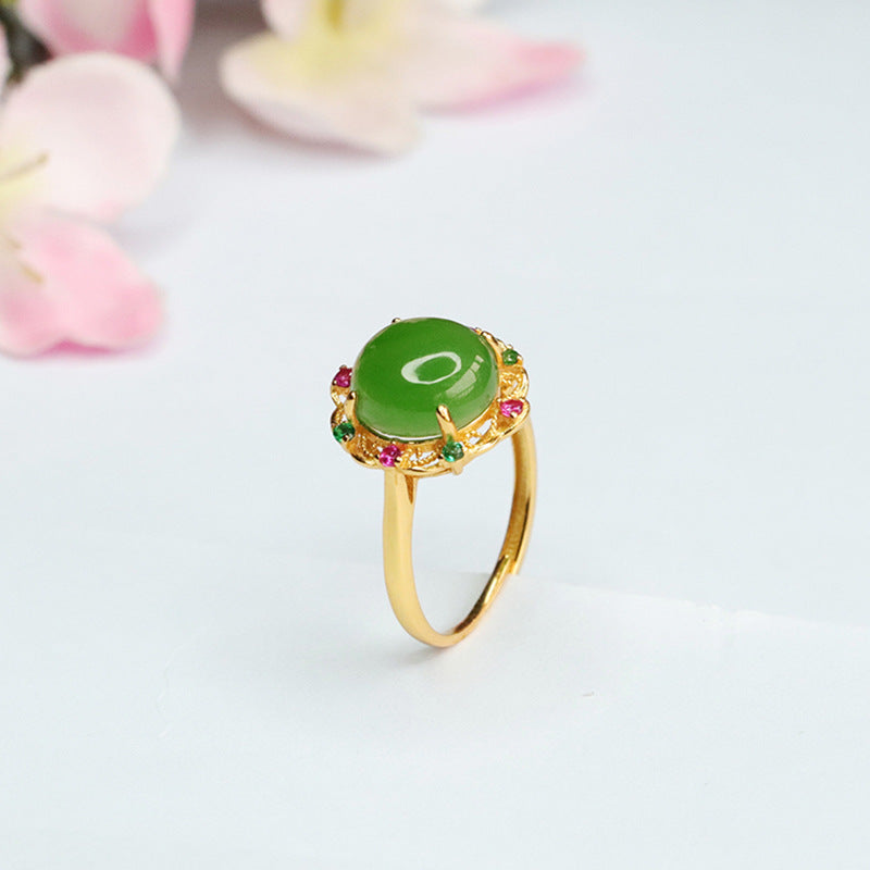 925 Sterling Silver Hetian Jasper Flower Ring