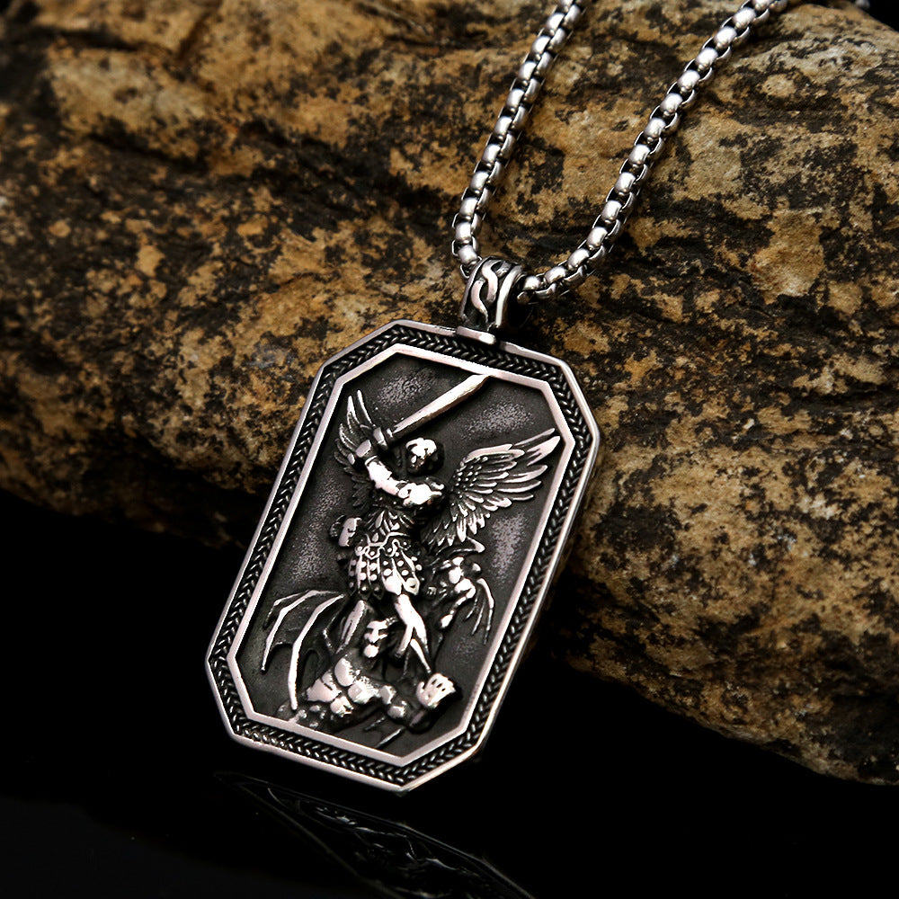 Titanium Steel Men's Retro Angel Guardian Pendant Necklace