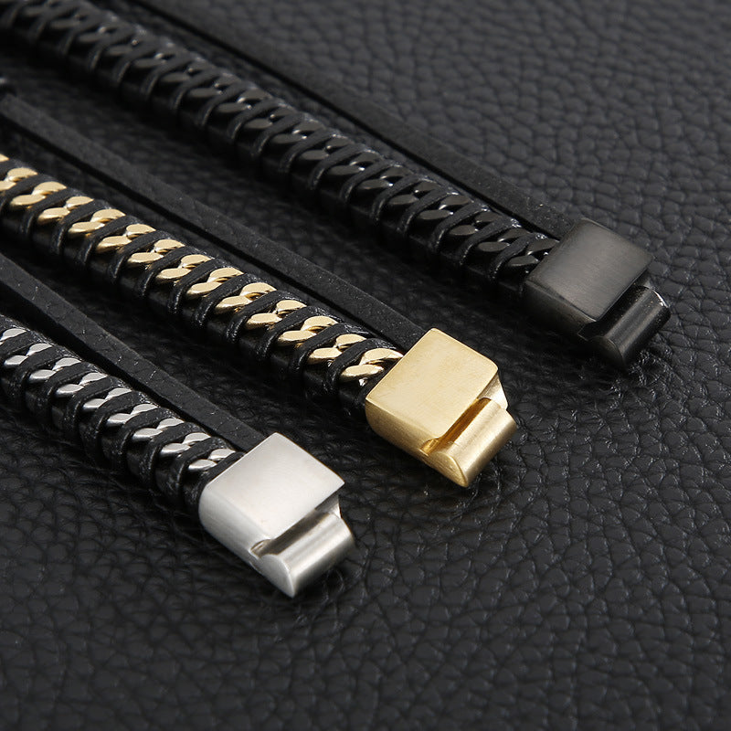 Planderful Men Punk Bracelet Magnetic Buckle Leather Rope