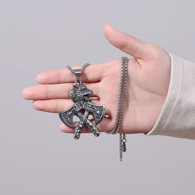 Vintage Viking Wolf Stainless Steel Pendant Necklace