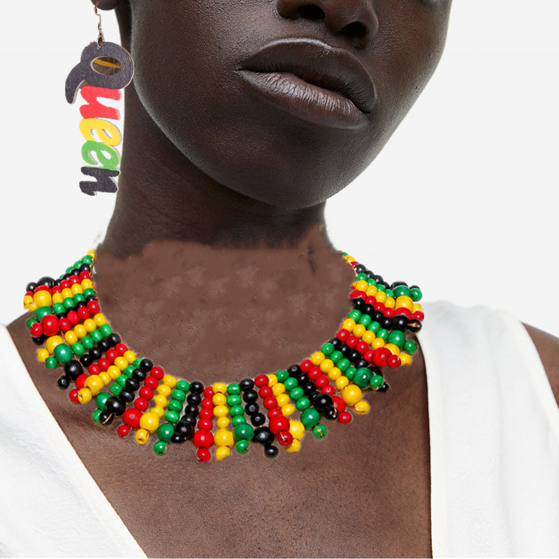 Handcrafted Multi-layer Wooden Bead Necklace with African-inspired Woven Design