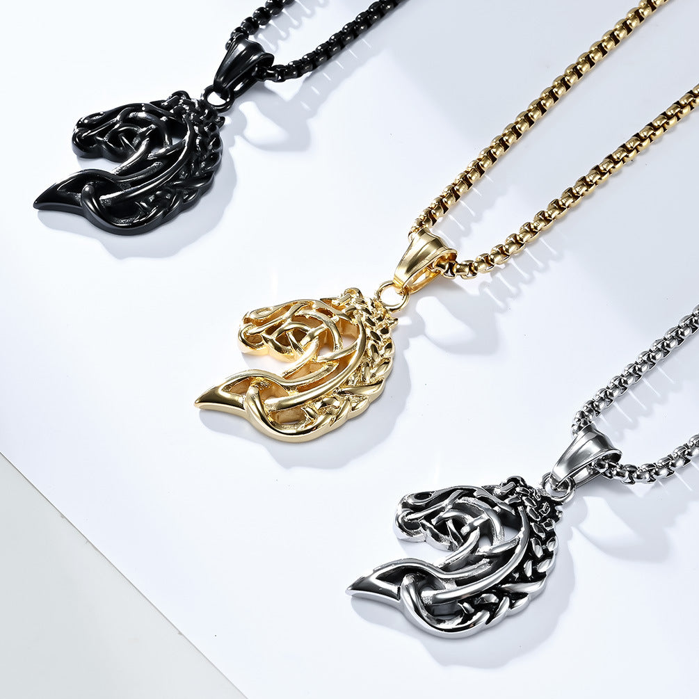 Planderful Horse Head Necklace Celtic Hollow Design Stainless Steel Unisex Timeless Jewelry