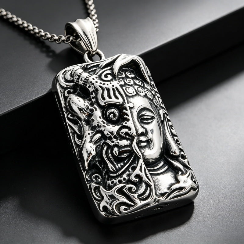 Dark Wind Double Sickle Reaper Pendant Angel Portrait Pendant Two-Sided Buddha Head Stainless Necklace
