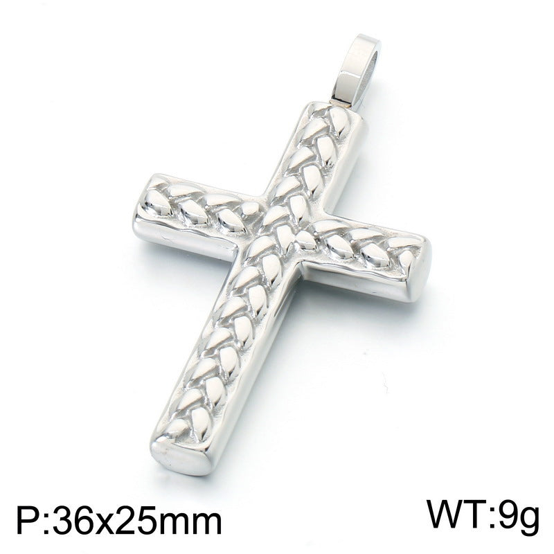 Round Bead Chain Trendy Three-Dimensional Wheat Ear Pattern Cross Pendant, Stainless Steel Square Necklace