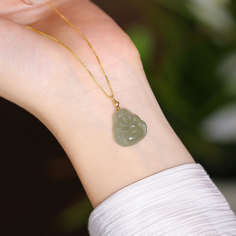 925 Sterling Silver Hetian Jade Peace Plaque Butterfly Pendant Necklace