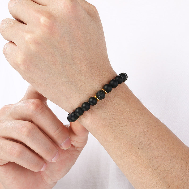 Stainless Steel Bracelet – Punk Volcanic Stone Frosted Black Agate Elastic Rope Handmade
