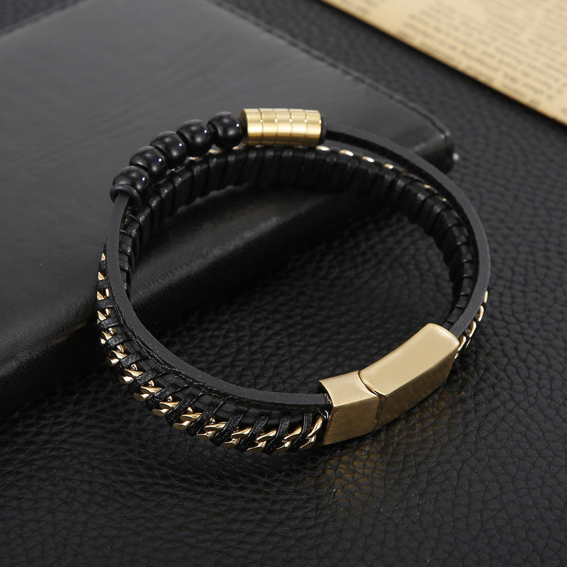 Planderful Men Punk Bracelet Magnetic Buckle Leather Rope