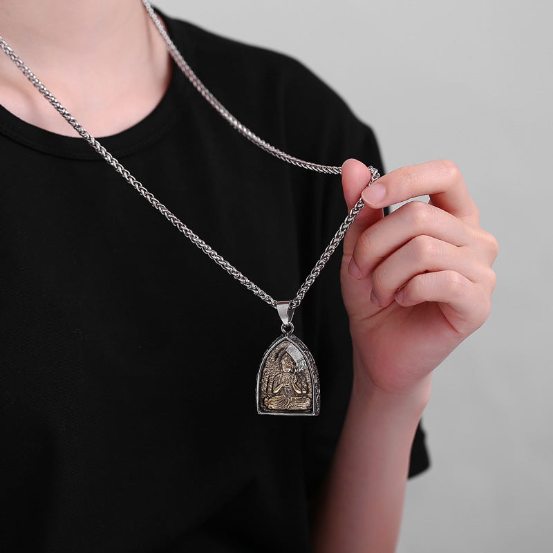 Steel Necklace – Elegant Chinese Buddha Amulet Pendant With Eight Guardian Deities