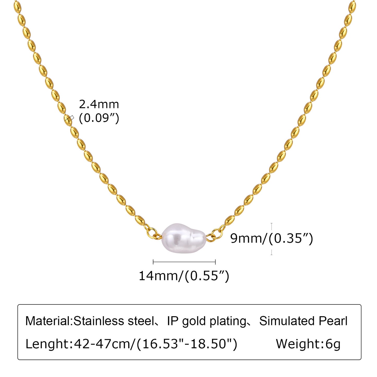 Stainless Steel Ladies Fashion Jewelry Gold Pearl Olive Bead Necklace