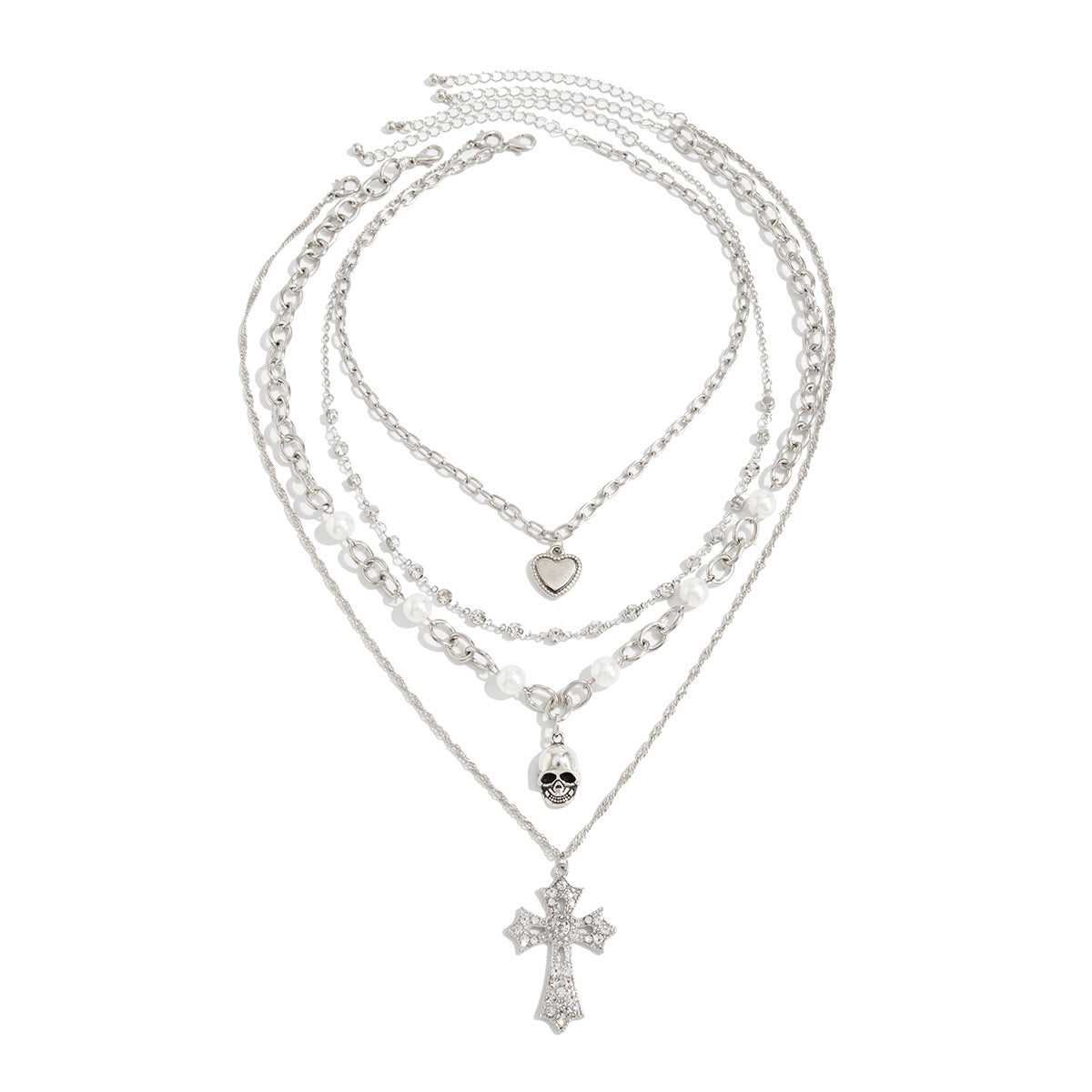 Crystal-Style Cross & Pearl Layered Necklace