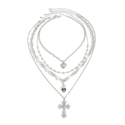 Crystal-Style Cross & Pearl Layered Necklace
