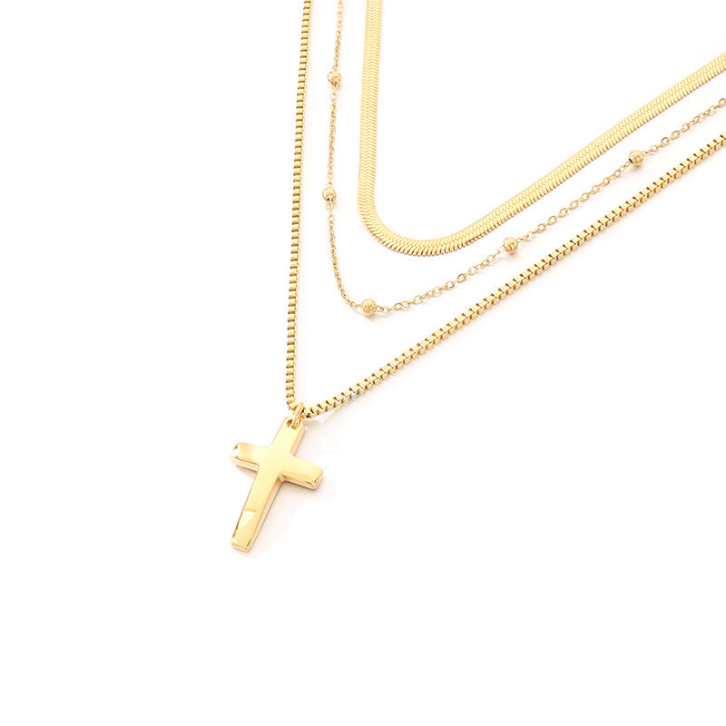 Flat Snake Chain Multi-Layer Chain Necklace, Retro Stainless Steel Box Chain Cross Pendant