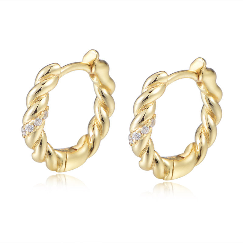 S925 Sterling Silver Earrings, Minimalist Twist Inlaid Zircon Ear Buckle Earrings, Gold-Plated Tremella