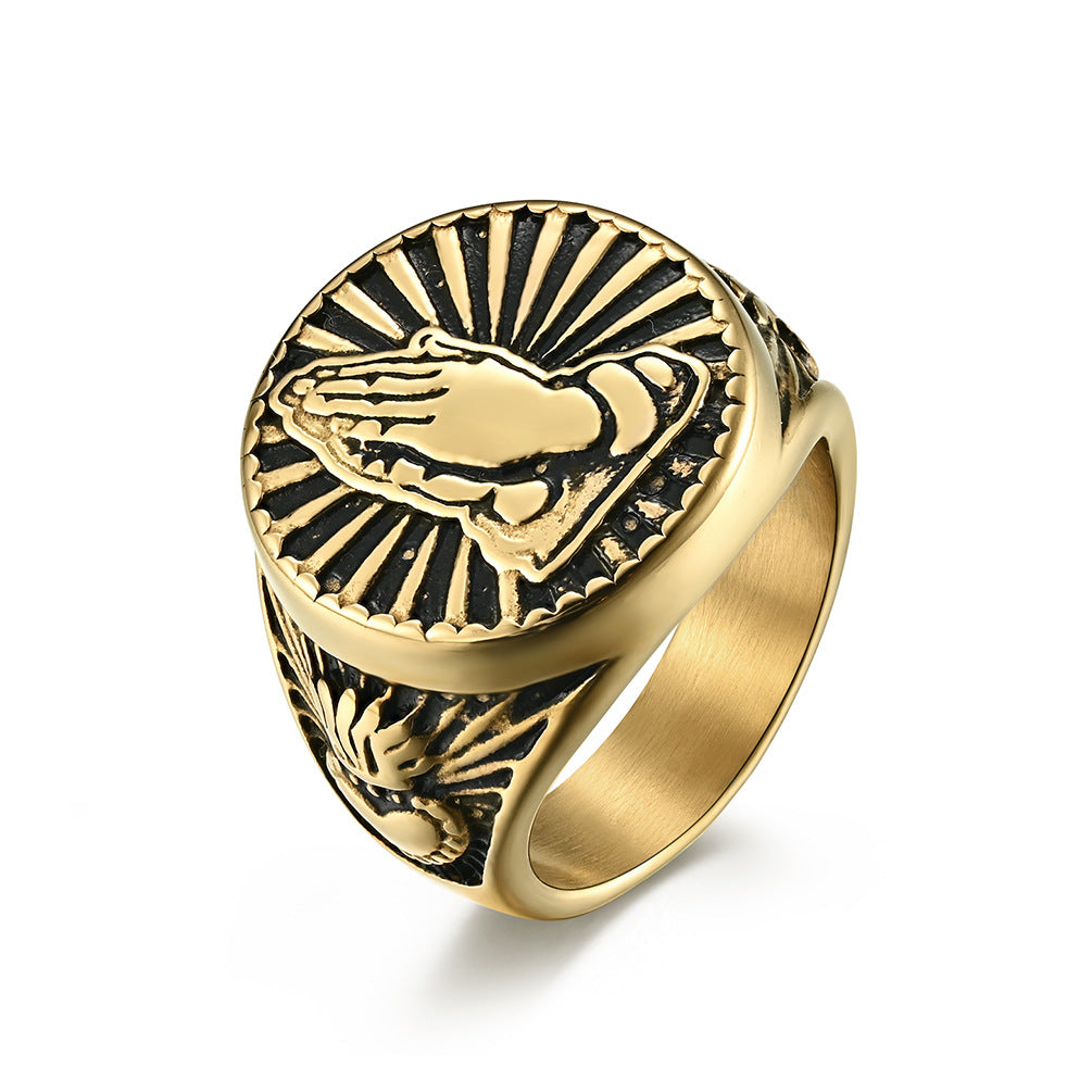 Planderful Titanium Steel 18K Gold Prayer Hand Men's Ring
