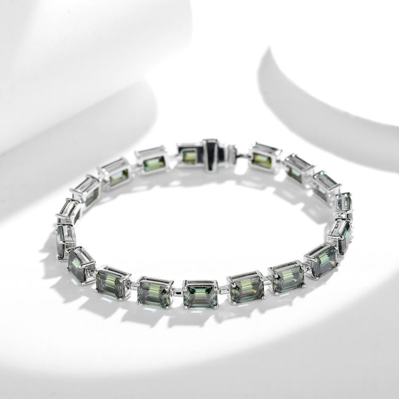 Planderful Moissanite Tennis Bracelet Emerald Cut 5x7mm Gleaming Green S925 Sterling Silver for Hip Hop Fans