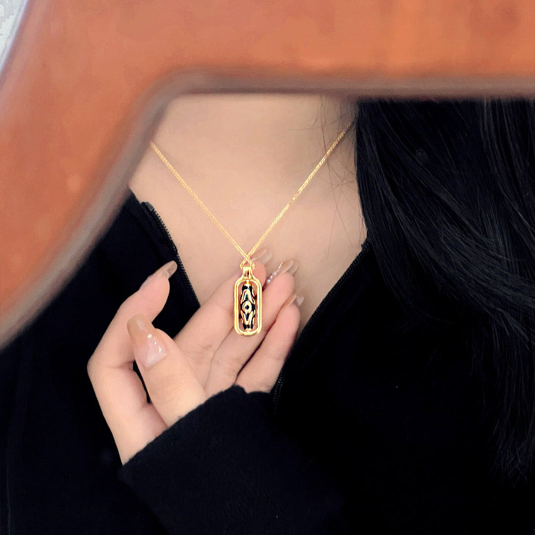 National Style Ancient Dzi Bead Necklace Women's S925 Sterling Silver Clavicle Chain