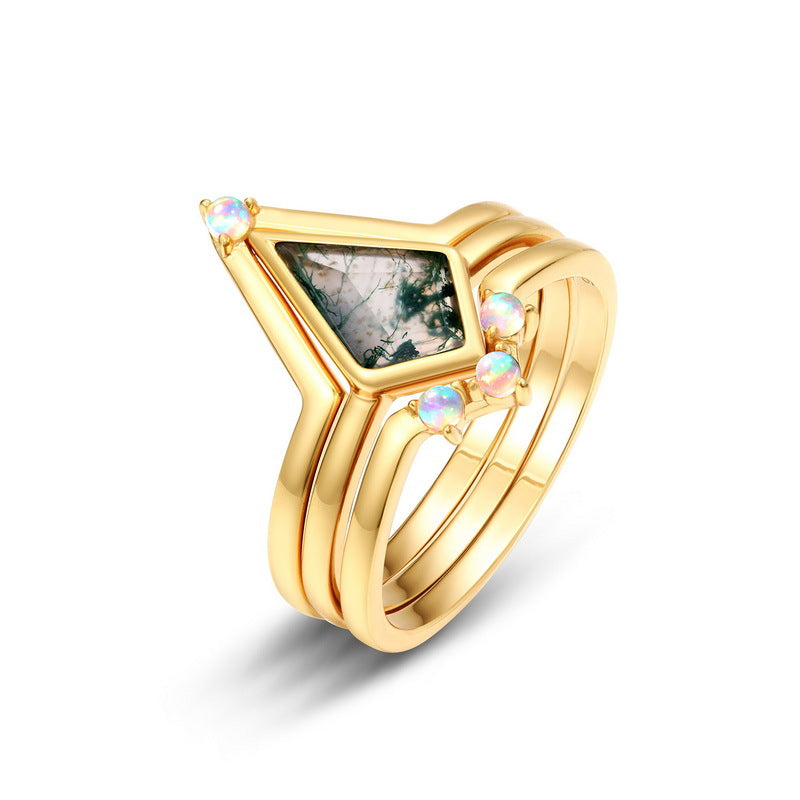 S925 Sterling Silver Gold-Plated Moss Agate Signature Ring