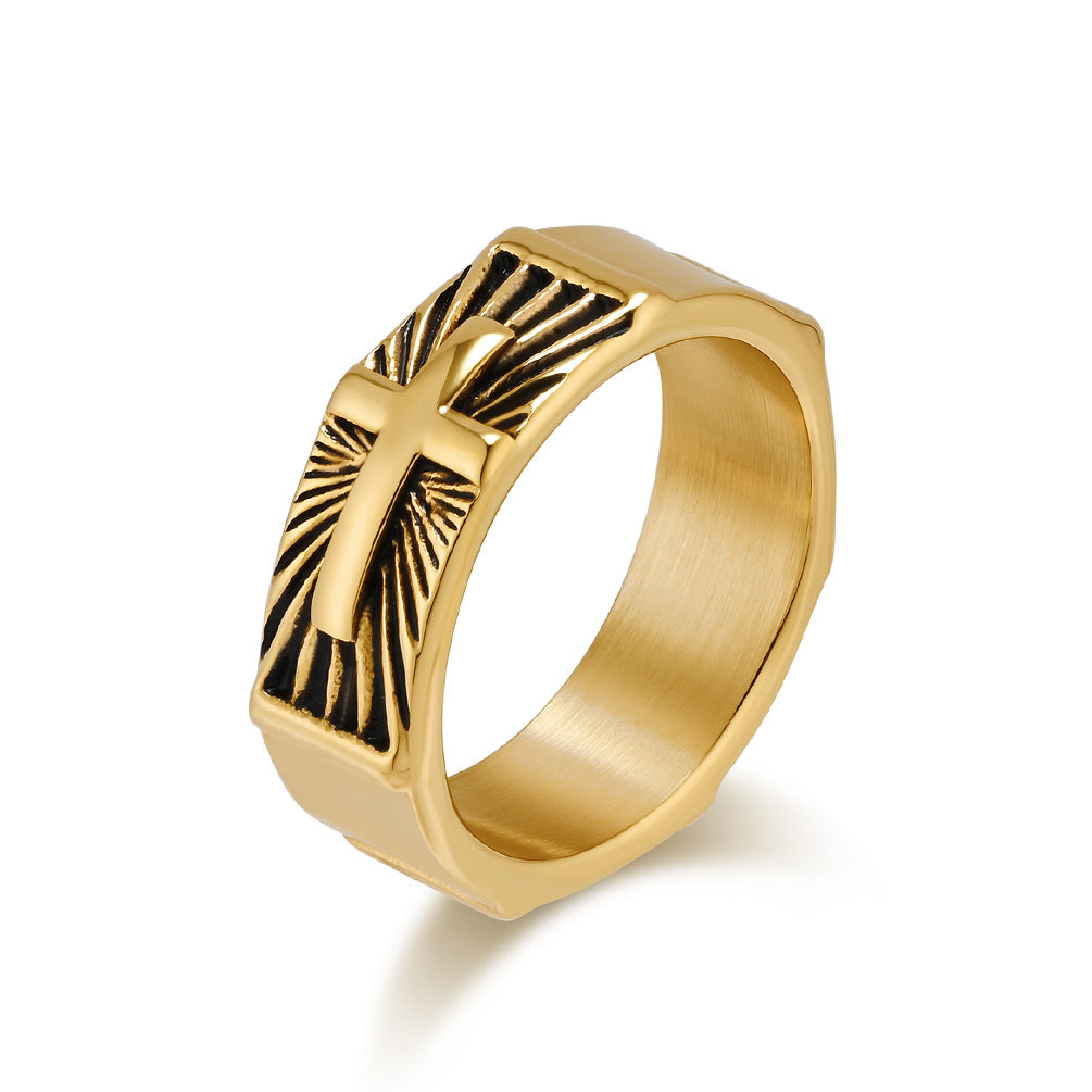 Cross-Border Retro Titanium Steel Cross Ring for Men
