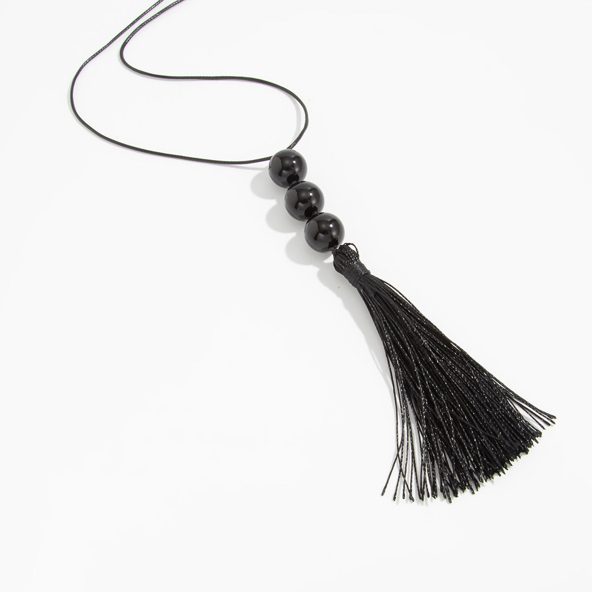 Black Acrylic Bead Tassel Long Necklace
