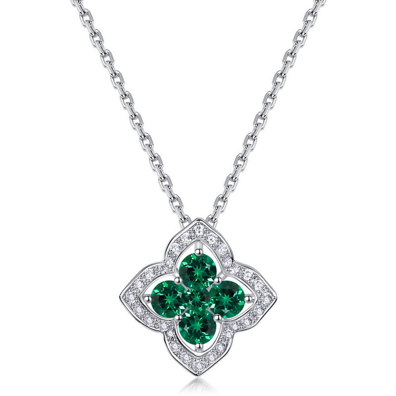 S925 Sterling Silver Lab-Grown Gemstone Four-Leaf Clover Pendant Necklace