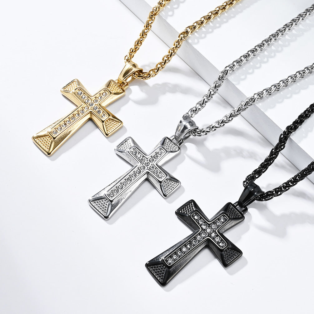 Planderful Cross Necklace Titanium Steel With Zircon Inlays Personalized Hip Hop Pendant Light Luxury