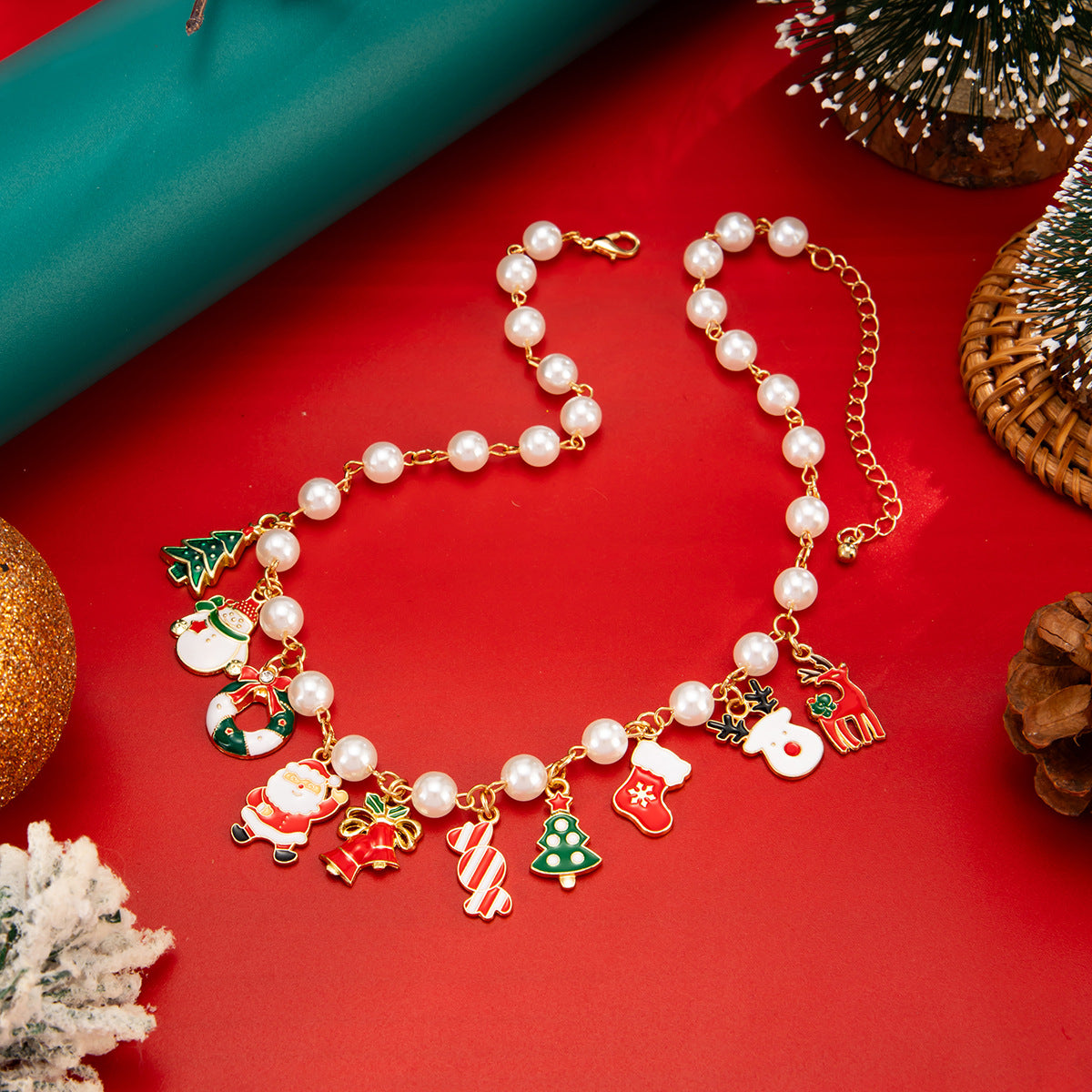 Christmas Pearl-Style Bell Pendant Necklace