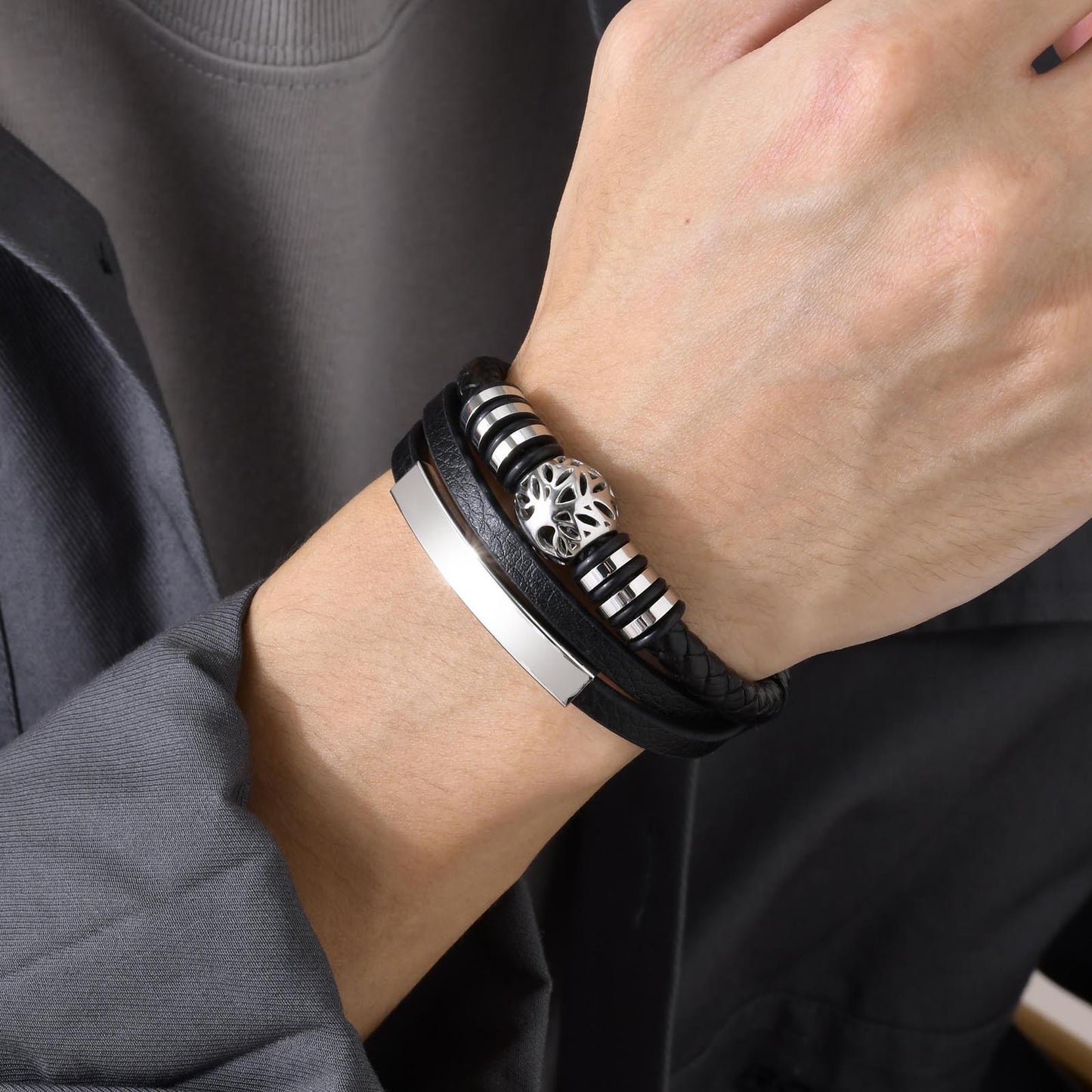 Stainless Steel Curved Tree of Life Men's Three-Layer Bracelet