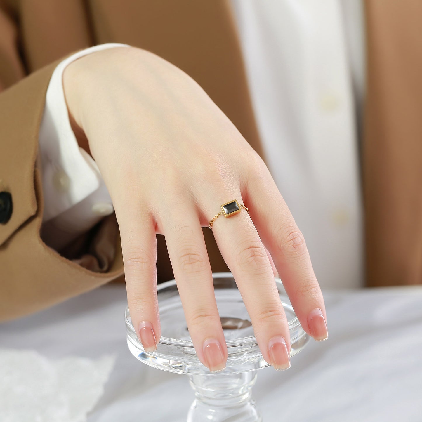 Titanium Steel Chain Ring Green Zircon Adjustable Black Ring