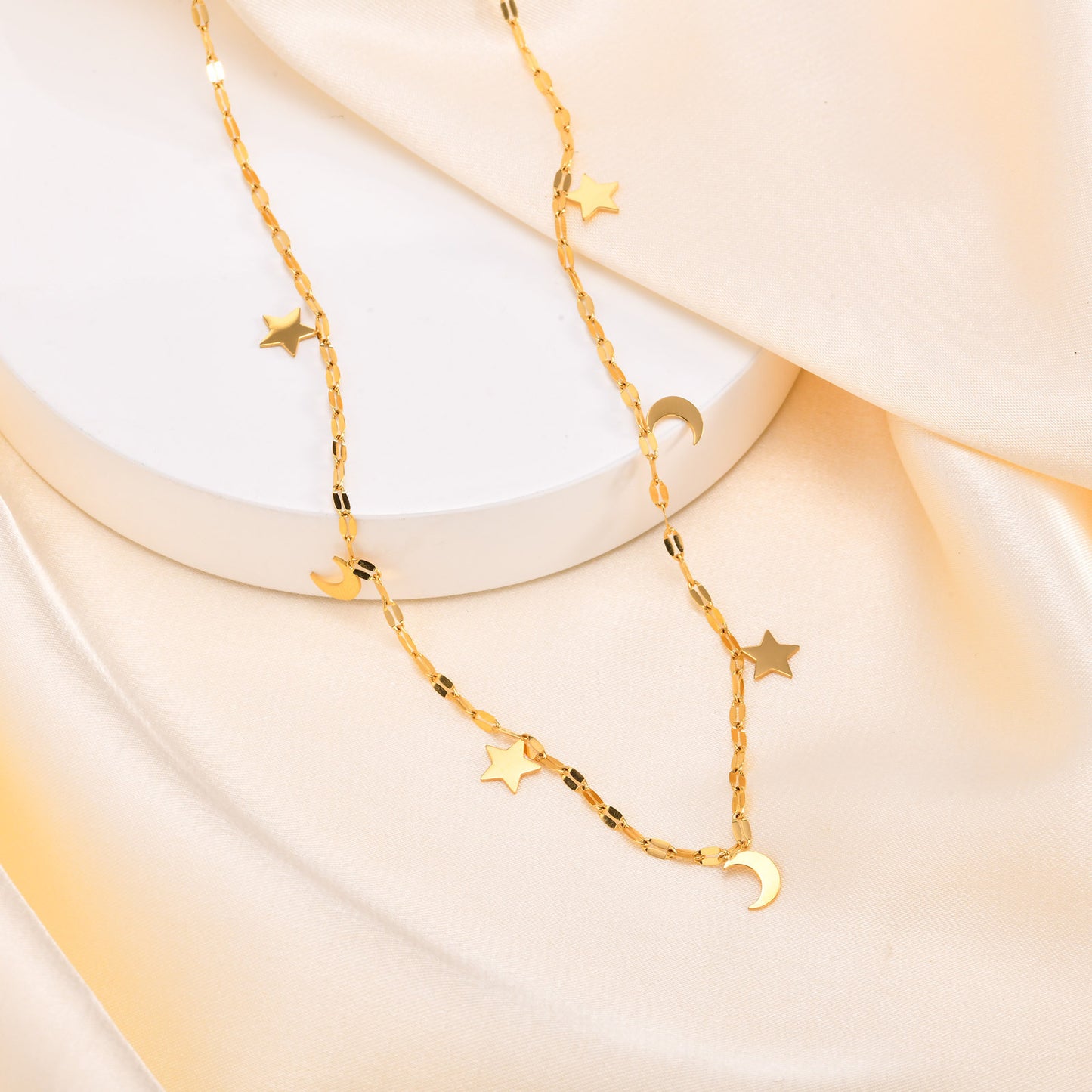 Ladies Stainless Steel Lip Chain Star Moon Necklace Gold