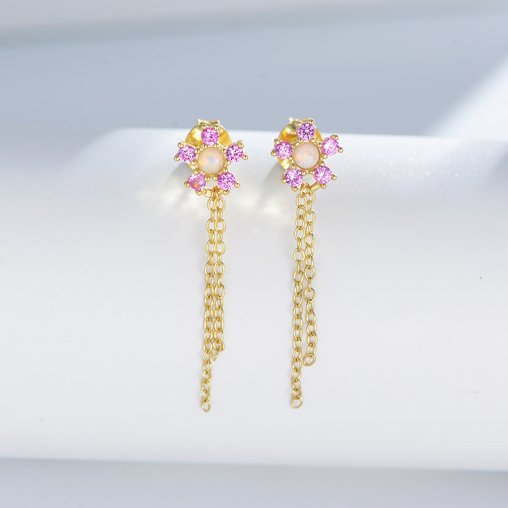 S925 Sterling Silver Zircon Chain Fringed Earrings Flower Stud Earrings