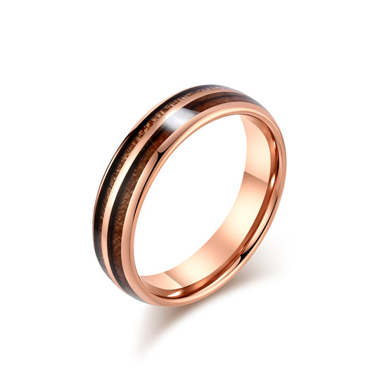 Planderful Tungsten Steel Ring With Parquet Wood Inlay Double Groove Unisex Couple Ring