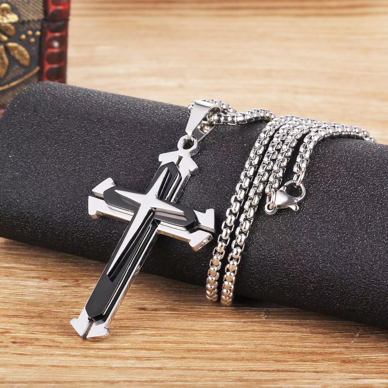 Planderful Titanium Steel Three Layer Slit Cross Pendant For Punk Style Lovers And Bold Everyday Wear