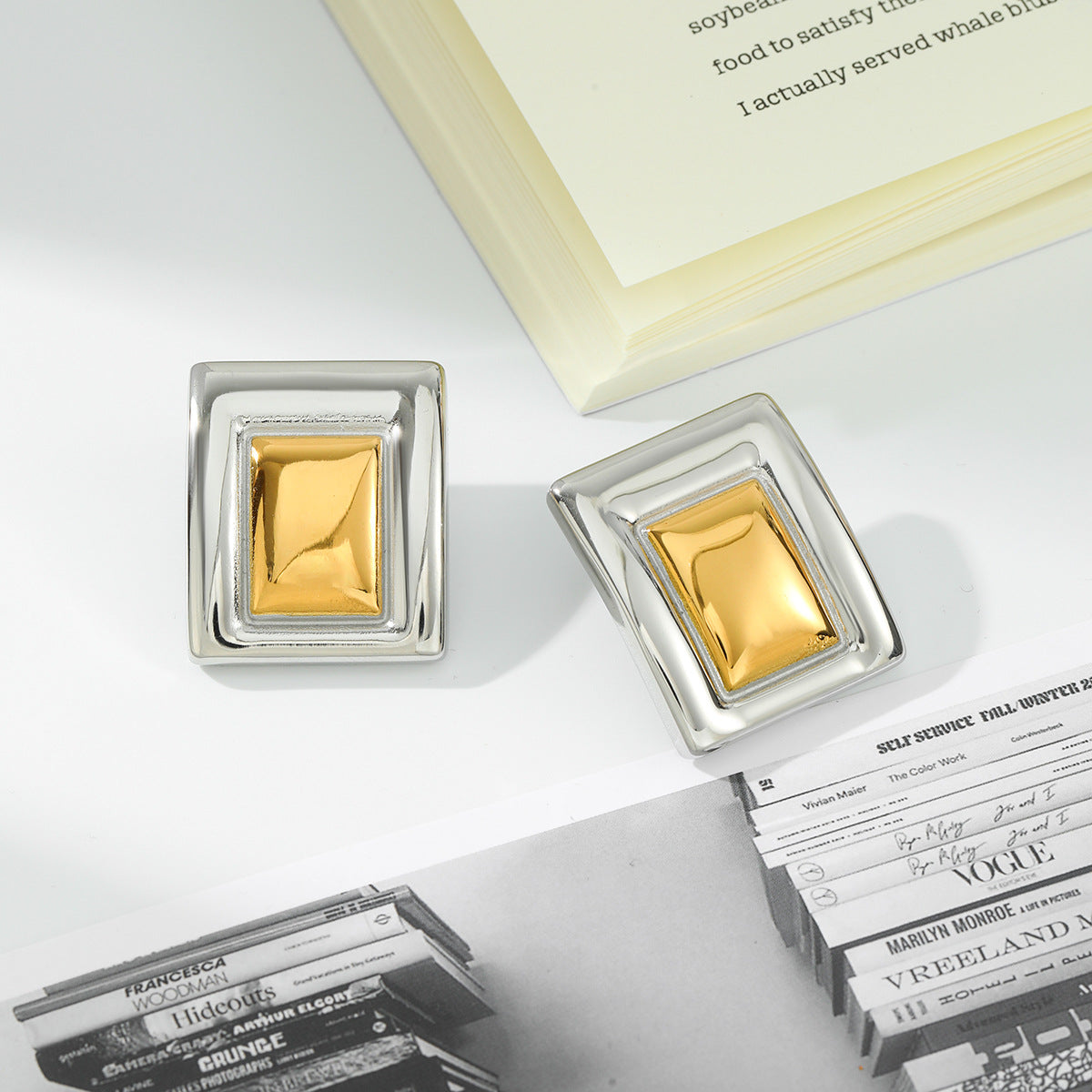 Planderful Vienna Verve Two Tone Stainless Steel Earrings Minimalist Square Statement Unisex Everyday Wear