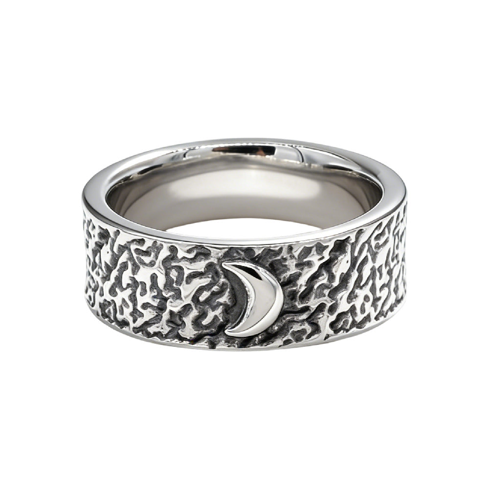 Planderful Sun Moon Titanium Ring Unisex Retro Front Back Design Durable Statement Band Sizes 7 8 9 10 11 12