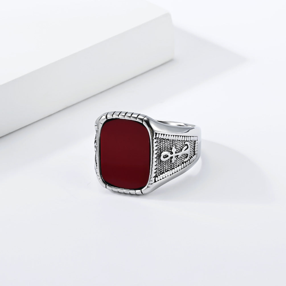 Boat Anchor Men's Stainless Steel Ring Square Glass Gemstone Stainless Steel Men's