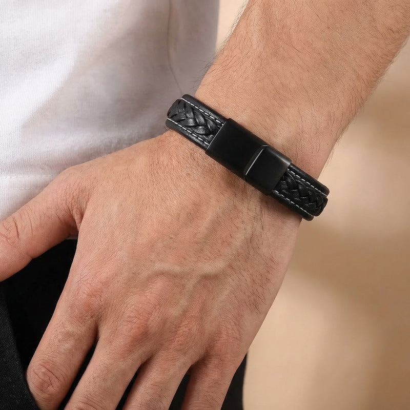 Woven Leather Rope Titanium Steel Buckle Bracelet – Male Punk Flat Leather Rope