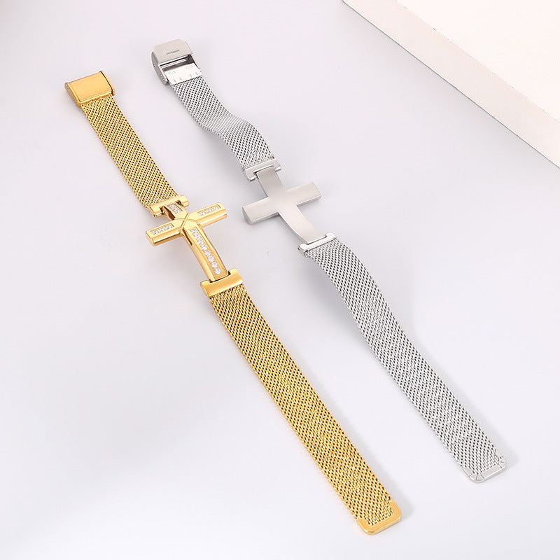 Planderful Men Titanium Steel Bracelet Zircon Cross Hip Hop