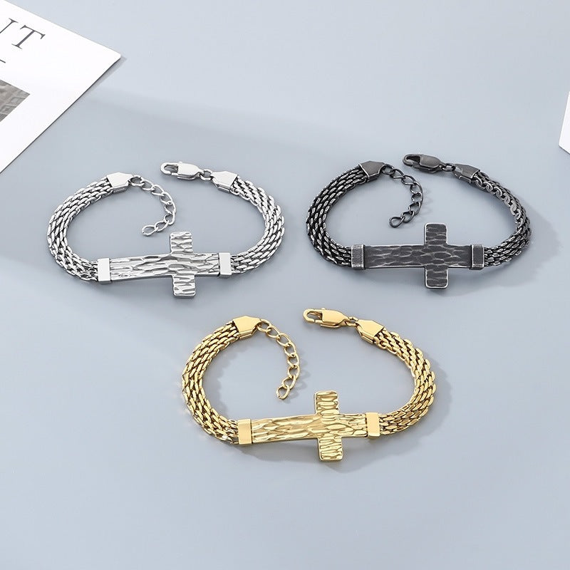 Hammer Texture Cross Stainless Steel Men's Bracelet Hand Adjustable