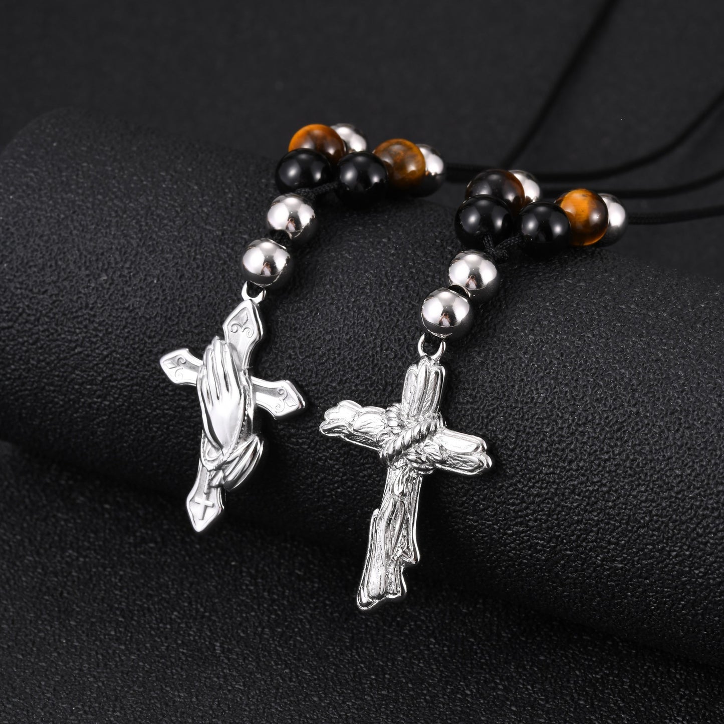 Stainless Steel Cross Agate Tiger's Eye Stone Beaded Adjustable Necklace