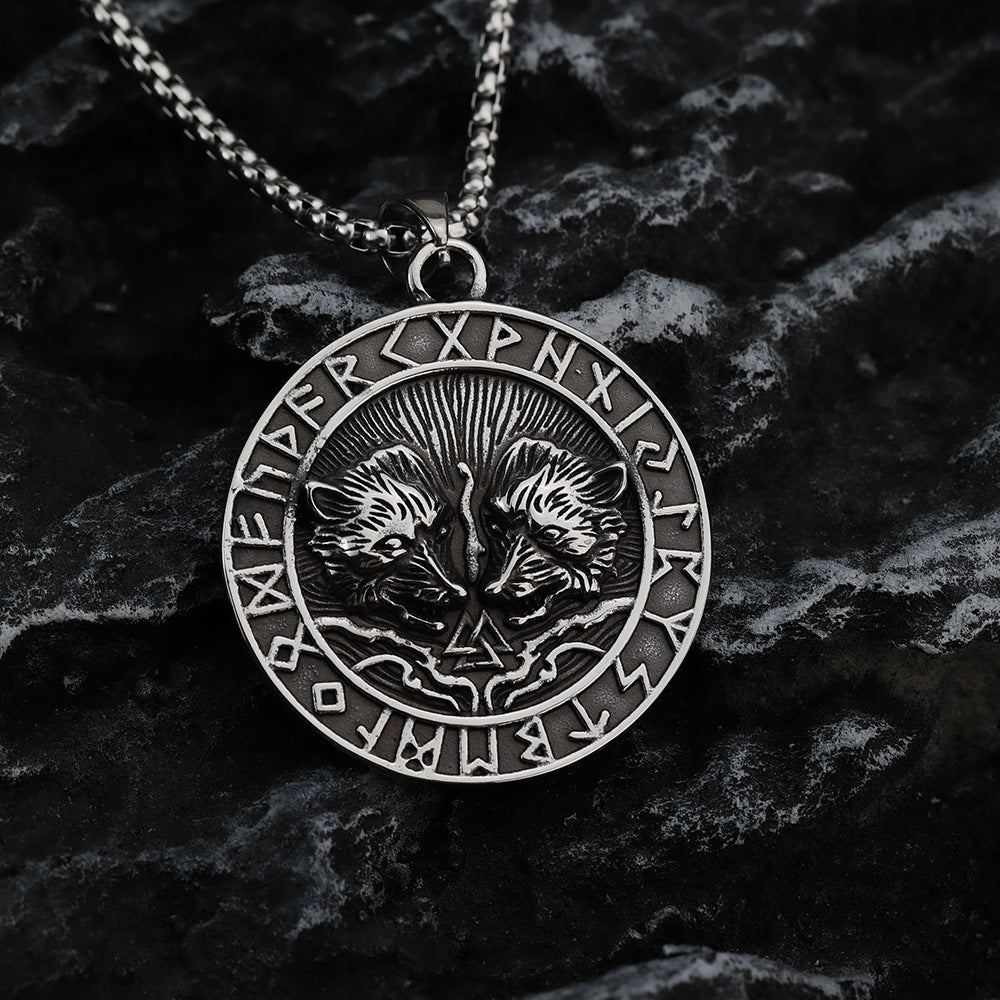 Nordic Men's Jewelry Viking Stainless Steel Double Wolf Pendant